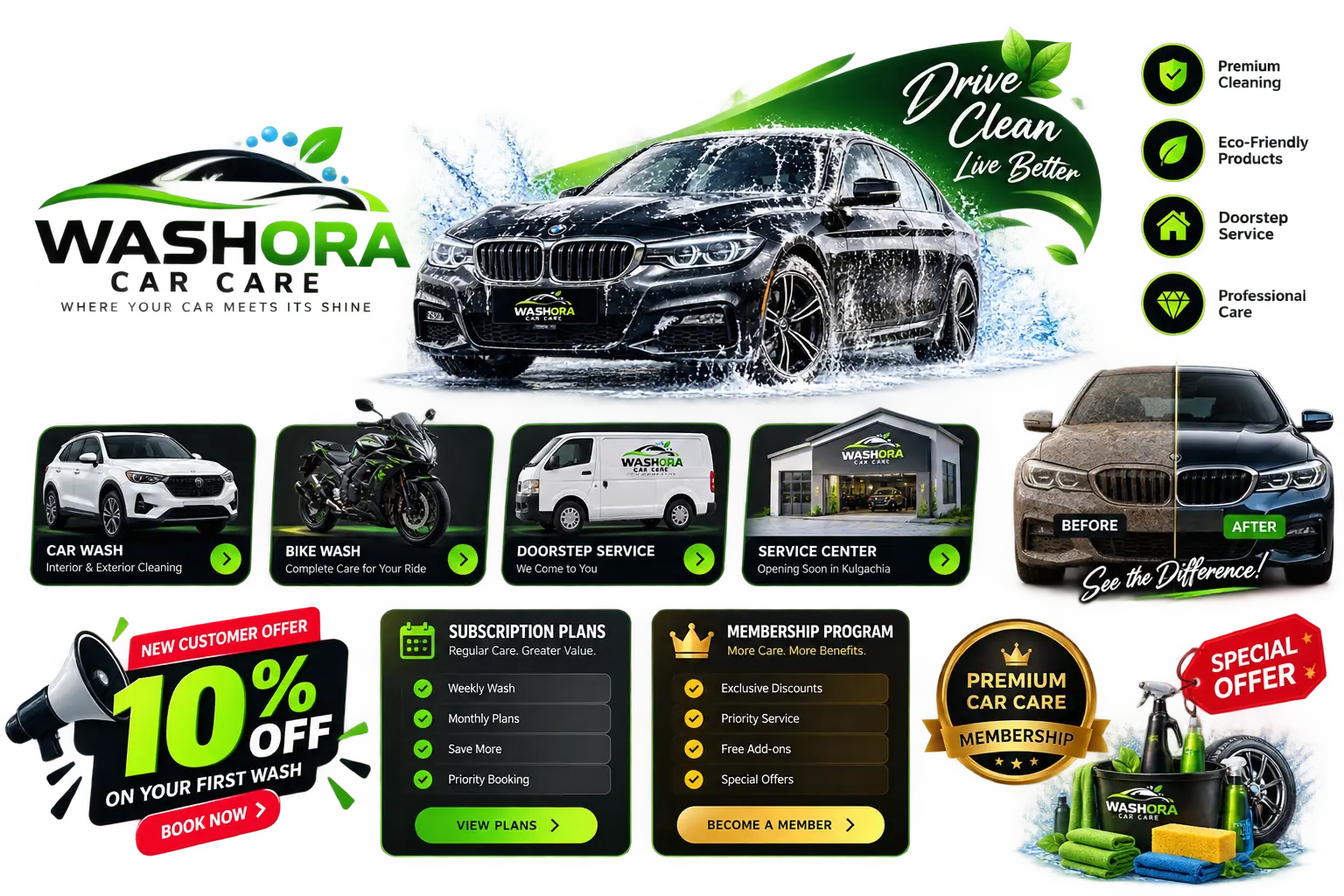 WASHORA car care promotional artwork with first wash offer, subscriptions and membership